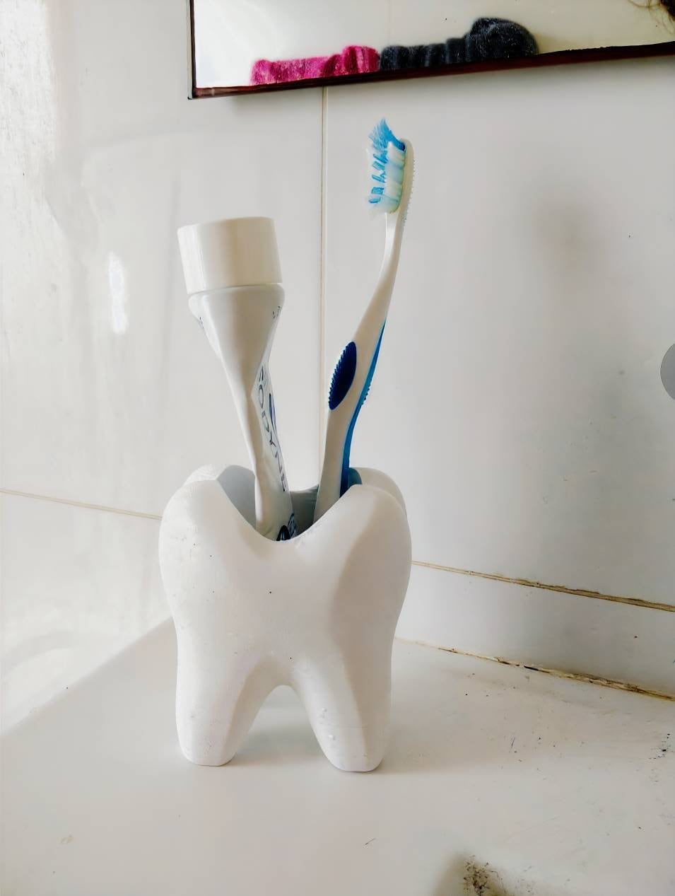 Tooth Shaped Cup for Toothbrush and Toothpaste Bathroom Decor